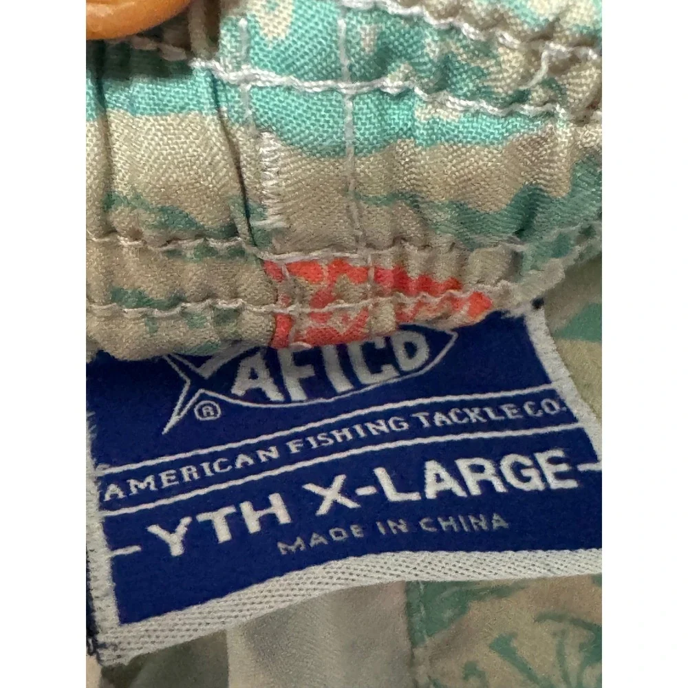 AFTCO Youth XL Board Shorts Tan Teal Fish Scale Marlin Swim Trunks Boys